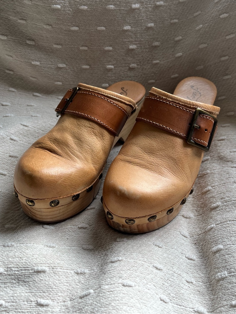 Free People Tan Leather Wooden Clog Mules